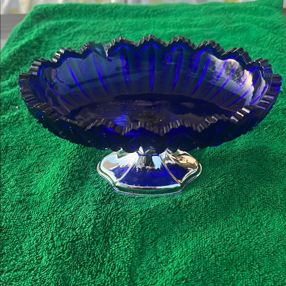 Art deco vintage cobalt, blue pressed glass candy dish, compote” Mardi Gras”